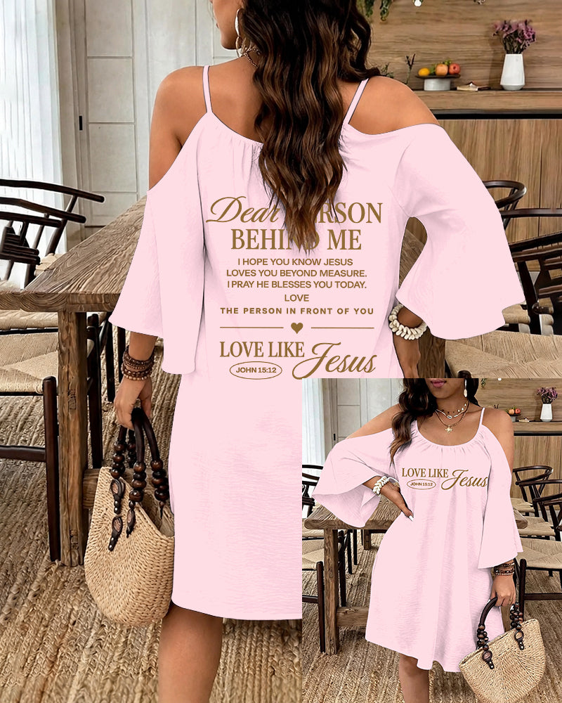 LOVE LIKE JESUS Scripture Print Strap Open-Shoulder Long Sleeve Dress