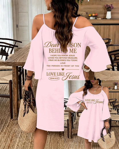 LOVE LIKE JESUS Scripture Print Strap Open-Shoulder Long Sleeve Dress
