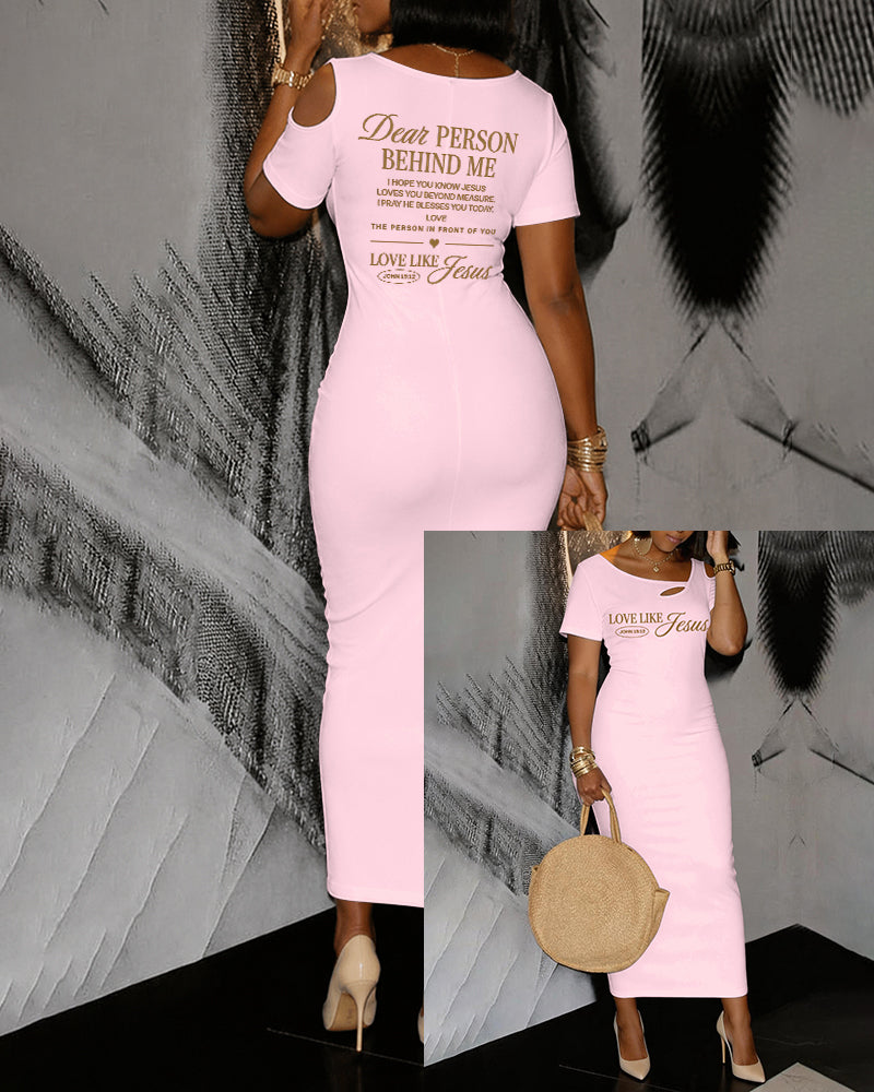 LOVE LIKE JESUS Scripture Print Hollow Shoulder Bag Hip Short-sleeved Midi Dress