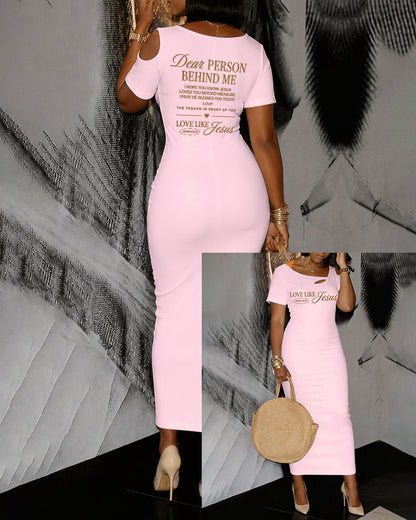 LOVE LIKE JESUS Scripture Print Hollow Shoulder Bag Hip Short-sleeved Midi Dress