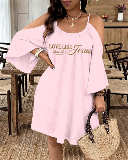 LOVE LIKE JESUS Scripture Print Strap Open-Shoulder Long Sleeve Dress