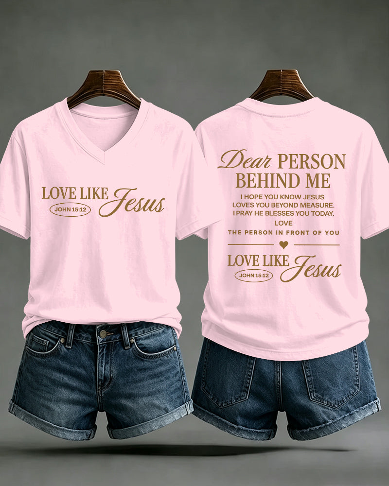 LOVE LIKE JESUS Scripture Print V-Neck Short Sleeve T-Shirt