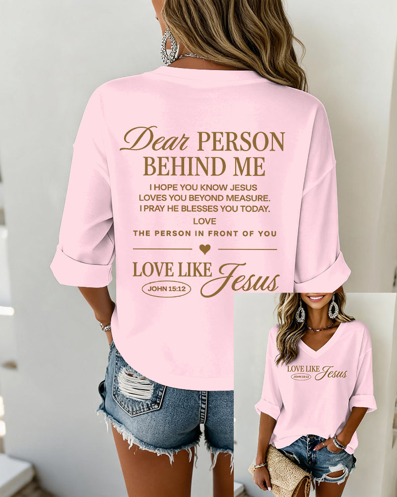 LOVE LIKE JESUS Scripture-Print V-Neck Three-Quarter-Sleeve Loose-Fit T-Shirt