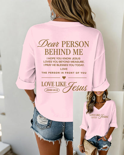 LOVE LIKE JESUS Scripture-Print V-Neck Three-Quarter-Sleeve Loose-Fit T-Shirt