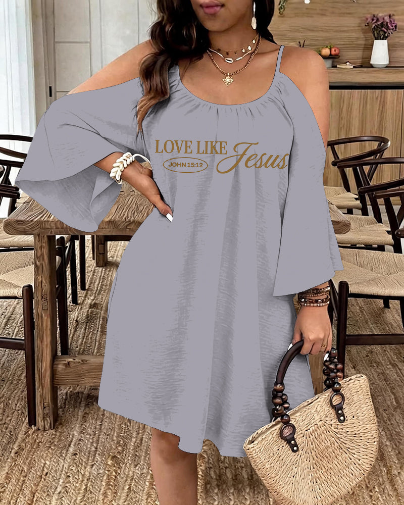 LOVE LIKE JESUS Scripture Print Strap Open-Shoulder Long Sleeve Dress