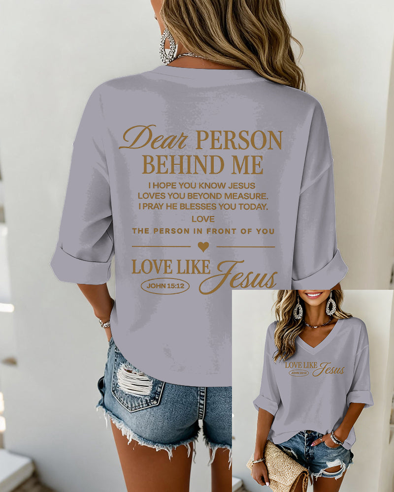 LOVE LIKE JESUS Scripture-Print V-Neck Three-Quarter-Sleeve Loose-Fit T-Shirt