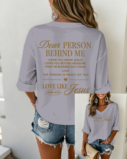 LOVE LIKE JESUS Scripture-Print V-Neck Three-Quarter-Sleeve Loose-Fit T-Shirt