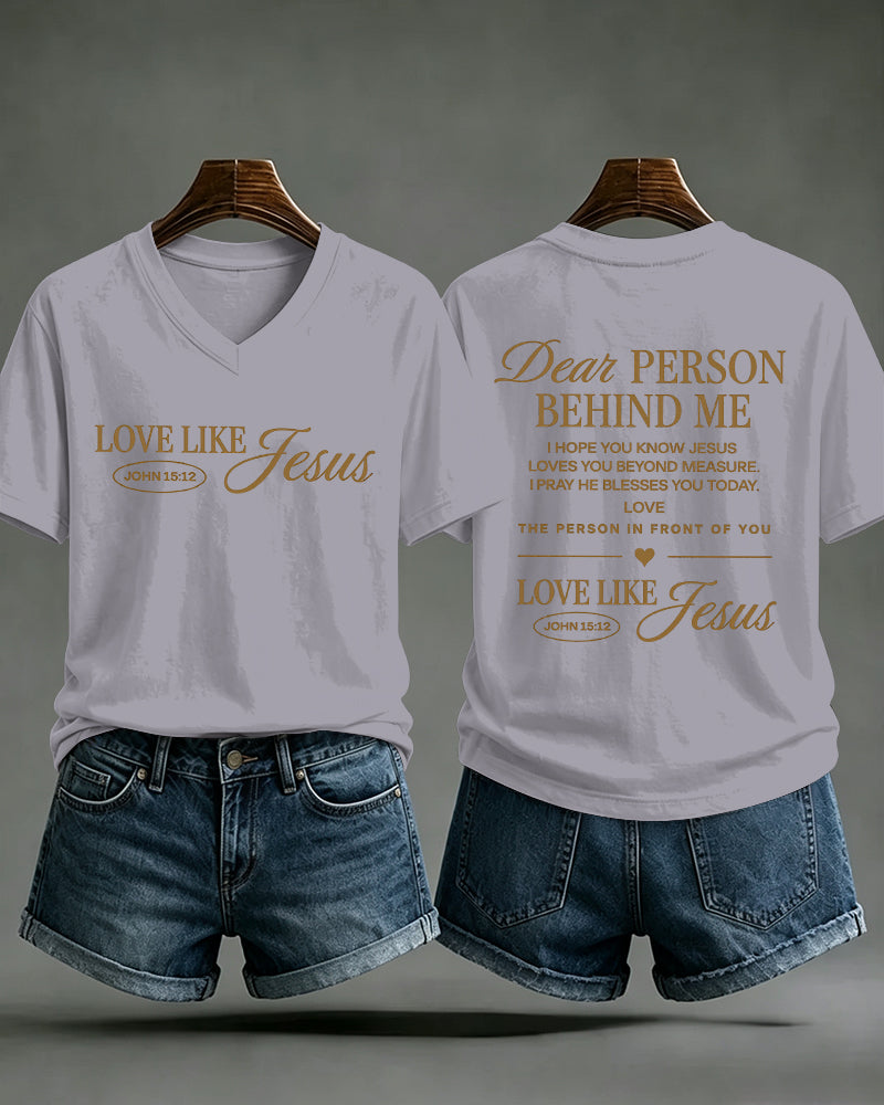 LOVE LIKE JESUS Scripture Print V-Neck Short Sleeve T-Shirt