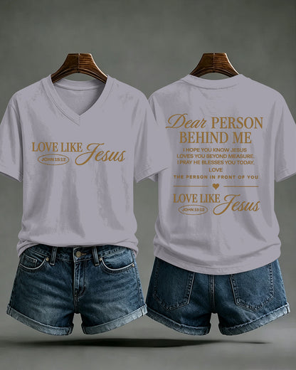 LOVE LIKE JESUS Scripture Print V-Neck Short Sleeve T-Shirt