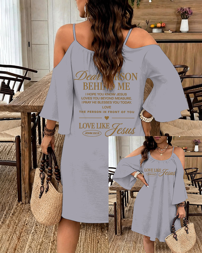 LOVE LIKE JESUS Scripture Print Strap Open-Shoulder Long Sleeve Dress