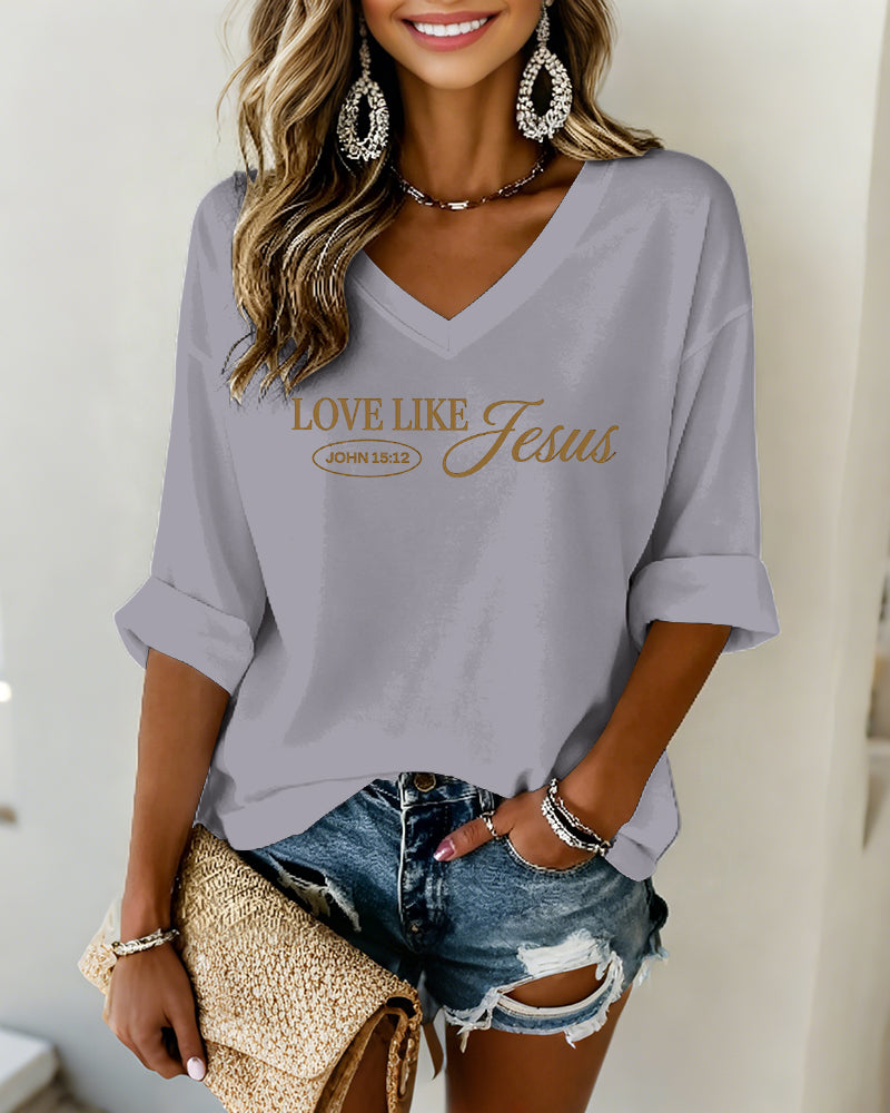 LOVE LIKE JESUS Scripture-Print V-Neck Three-Quarter-Sleeve Loose-Fit T-Shirt