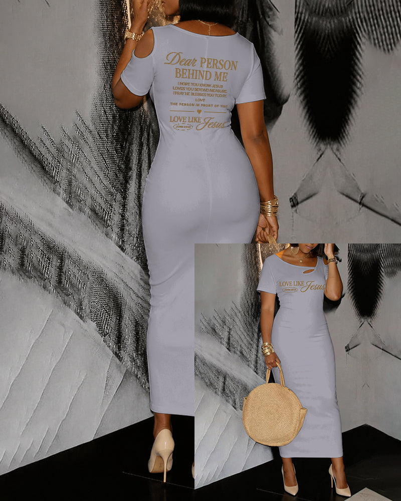 LOVE LIKE JESUS Scripture Print Hollow Shoulder Bag Hip Short-sleeved Midi Dress