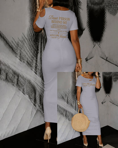LOVE LIKE JESUS Scripture Print Hollow Shoulder Bag Hip Short-sleeved Midi Dress