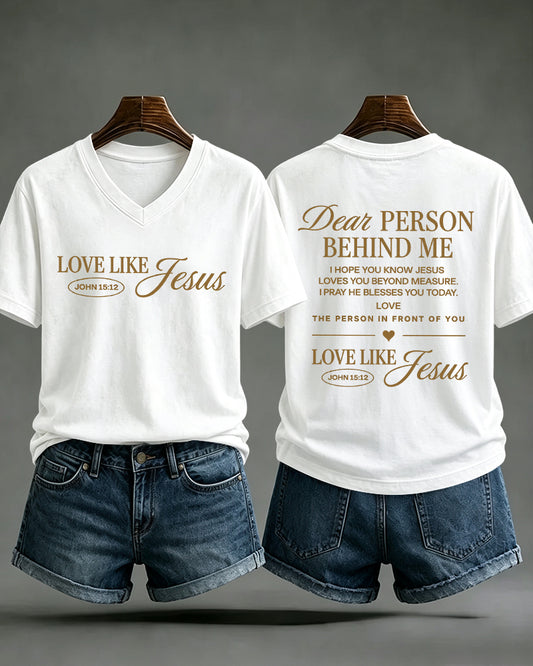 LOVE LIKE JESUS Scripture Print V-Neck Short Sleeve T-Shirt
