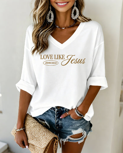 LOVE LIKE JESUS Scripture-Print V-Neck Three-Quarter-Sleeve Loose-Fit T-Shirt