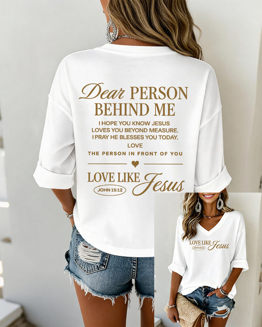 LOVE LIKE JESUS Scripture-Print V-Neck Three-Quarter-Sleeve Loose-Fit T-Shirt