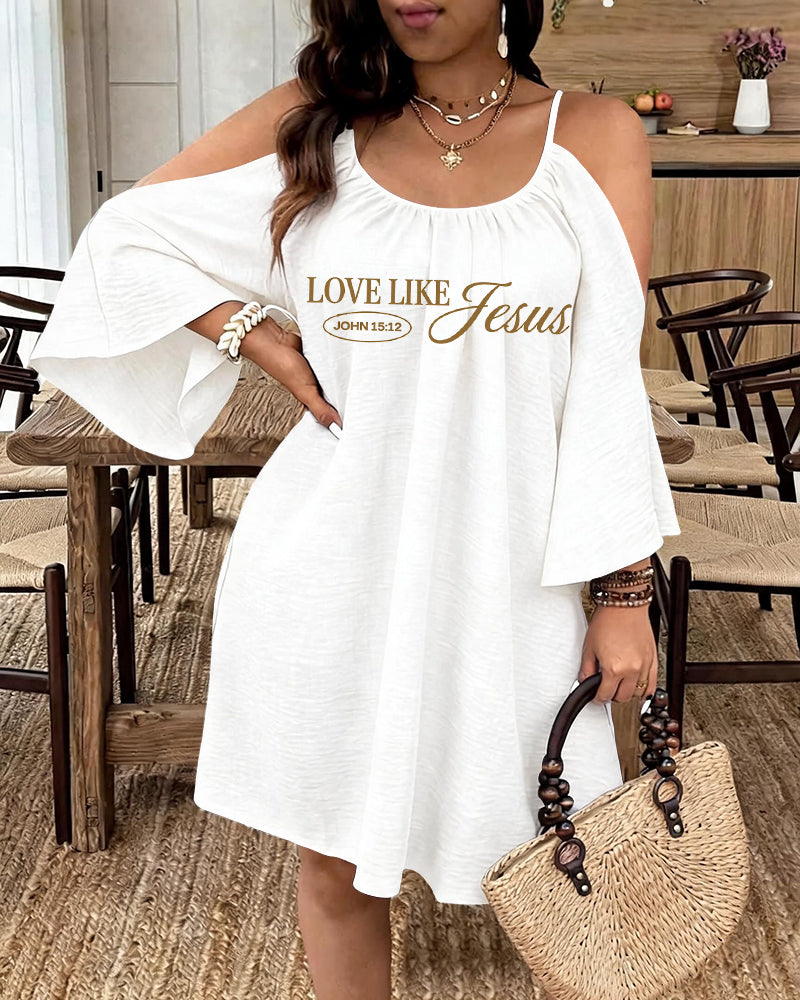 LOVE LIKE JESUS Scripture Print Strap Open-Shoulder Long Sleeve Dress