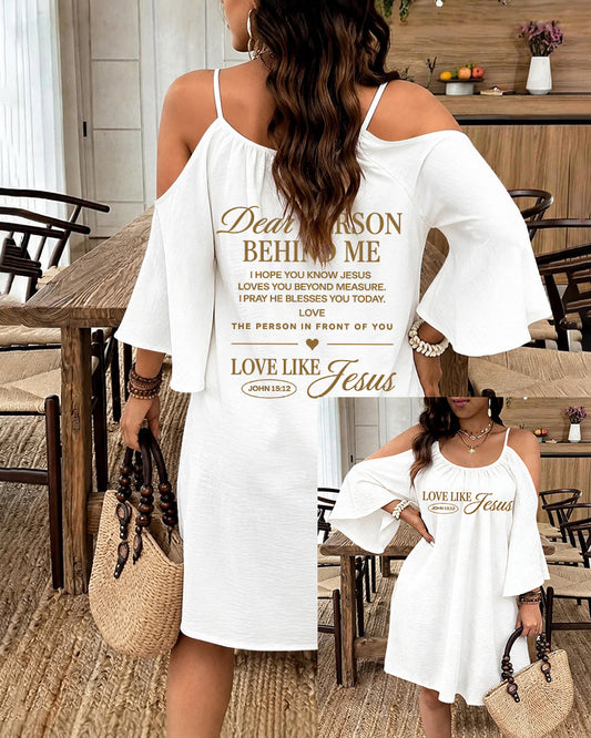 LOVE LIKE JESUS Scripture Print Strap Open-Shoulder Long Sleeve Dress