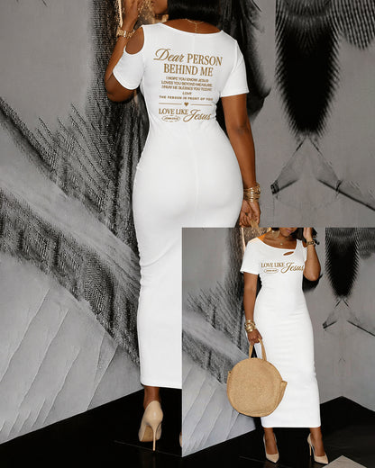 LOVE LIKE JESUS Scripture Print Hollow Shoulder Bag Hip Short-sleeved Midi Dress