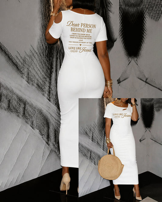 LOVE LIKE JESUS Scripture Print Hollow Shoulder Bag Hip Short-sleeved Midi Dress