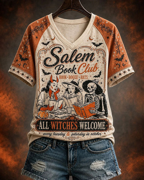 Women's Salem Book Club All Witches Welcome Printed V-neck T-shirt