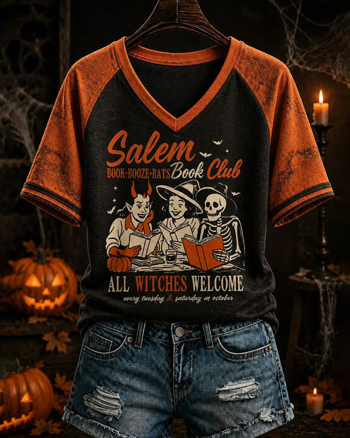 Women's Salem Book Club All Witches Welcome Printed V-neck T-shirt