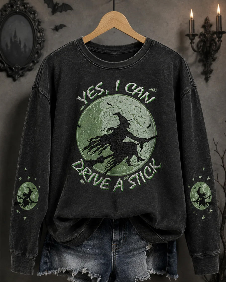 Women's Funny Halloween Why Yes, Actually I Can Drive A Stick Witch Print Round Neck Sweatshirt
