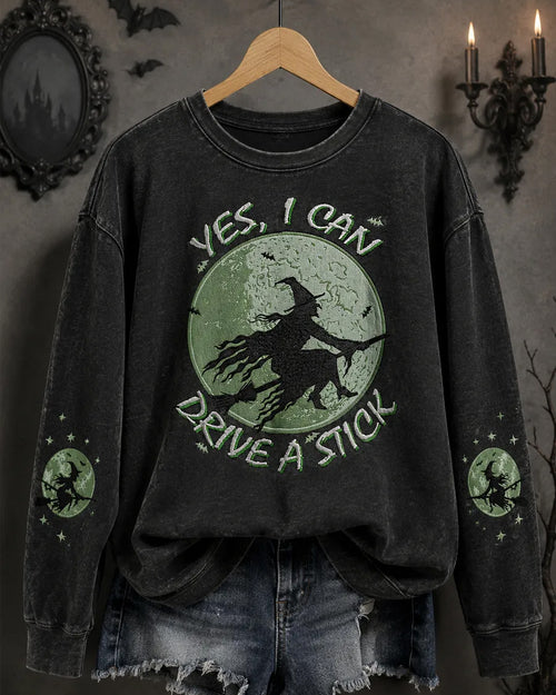 Women's Funny Halloween Why Yes, Actually I Can Drive A Stick Witch Print Round Neck Sweatshirt