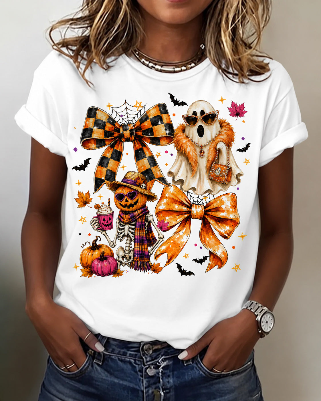 100% Cotton Halloween Fun Pumpkin Ghost Bow Crew Neck Short Sleeve Tshirt