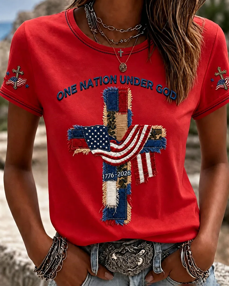 Women's Christian One Nation Under God Cross Crew Neck Short Sleeve Tshirt