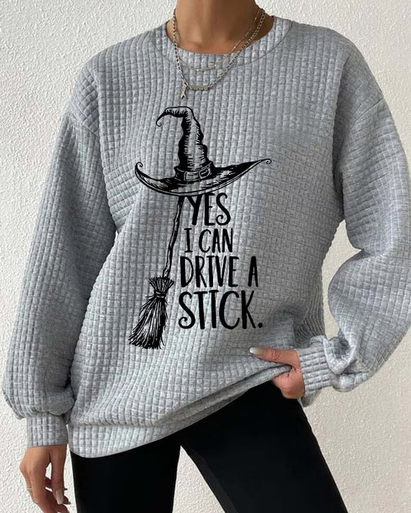 Women's Yes I Can Drive A Stick Waffle Round Neck Checkered Sweatshirt