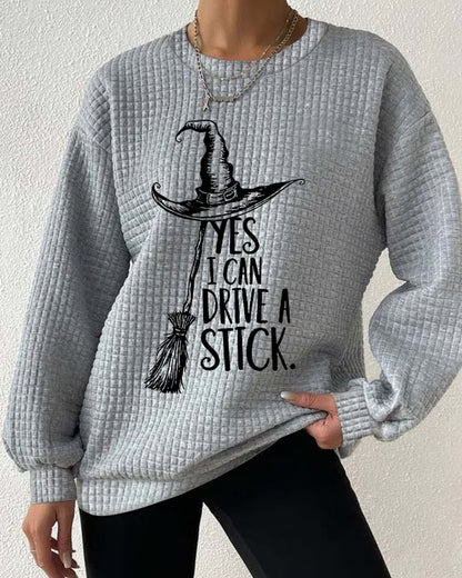 Women's Yes I Can Drive A Stick Waffle Round Neck Checkered Sweatshirt