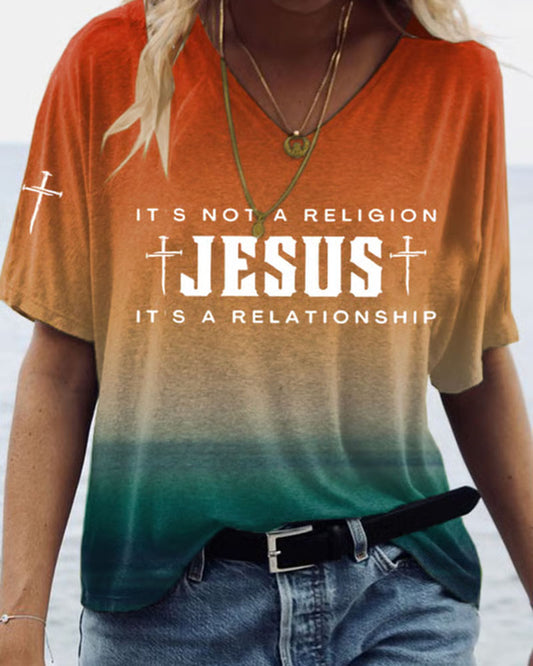 JESUS Theme Double Cross Print V-Neck Short Sleeve Tee