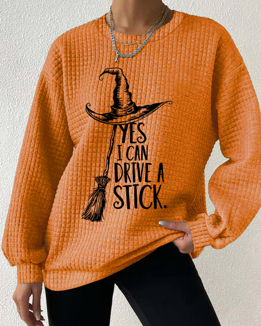 Women's Yes I Can Drive A Stick Waffle Round Neck Checkered Sweatshirt