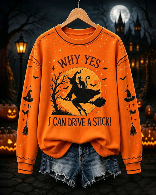 Women's Why Yes I Can Drive A Stick Cat Printed Round Neck Sweatshirt