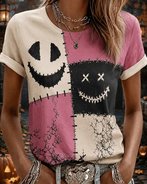 Halloween Demon Face Patch Crew Neck Short Sleeve Tshirt