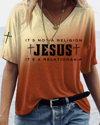 JESUS Theme Double Cross Print V-Neck Short Sleeve Tee