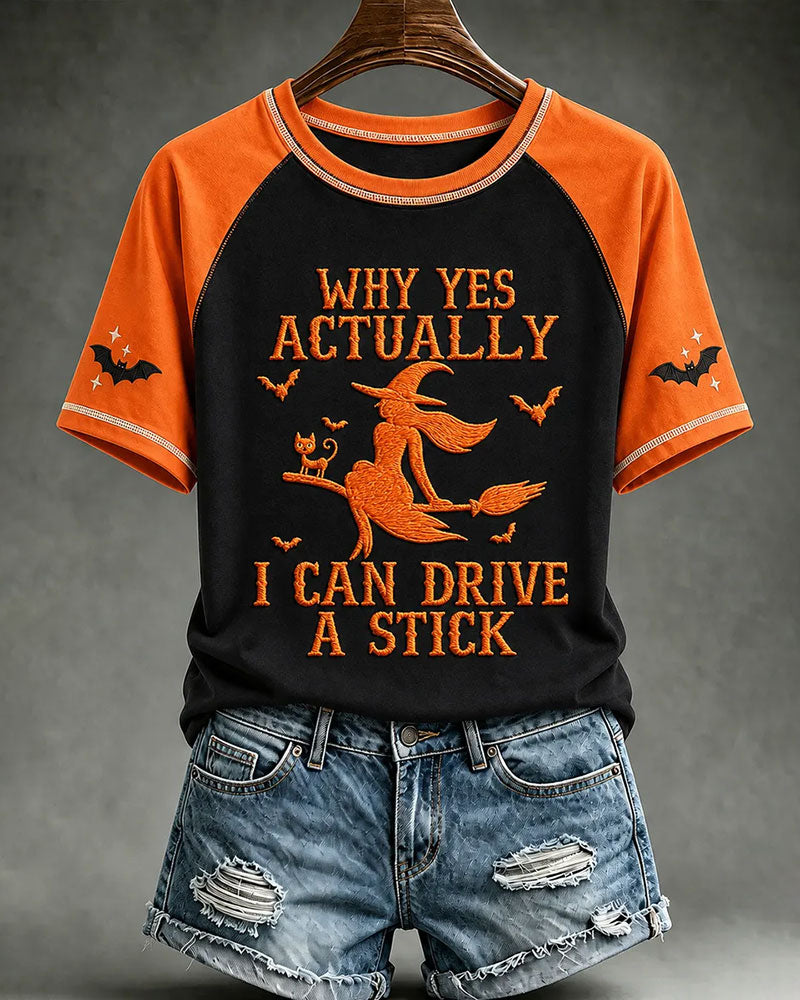 Women's Halloween Witch Black Cat Bat I Can Drive A Stick Print T-Shirt