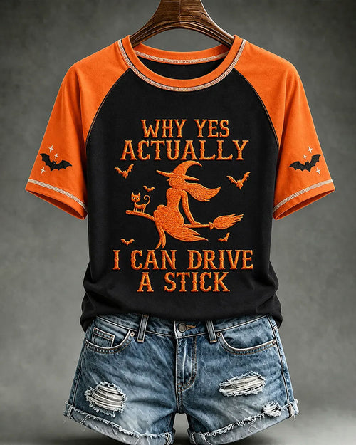 Women's Halloween Witch Black Cat Bat I Can Drive A Stick Print T-Shirt