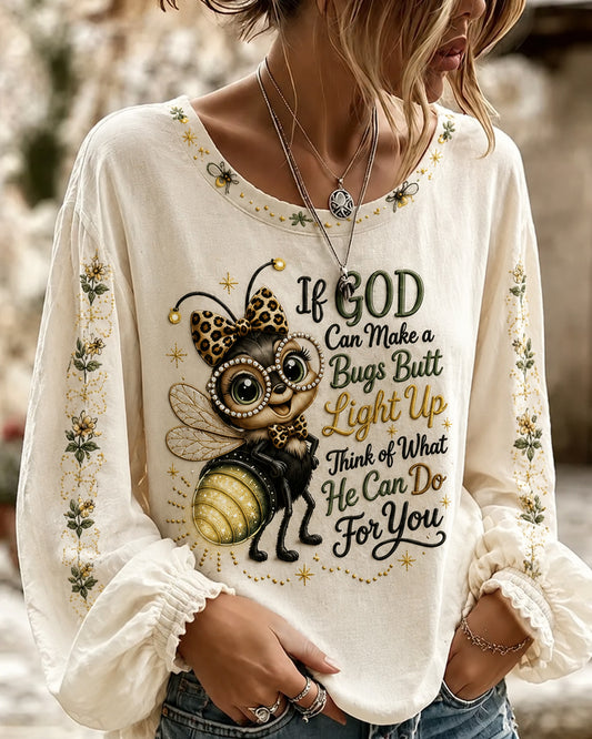 If God Can Make A Bug's Butt Light Up Print Round Neck Puff Sleeves Blouse