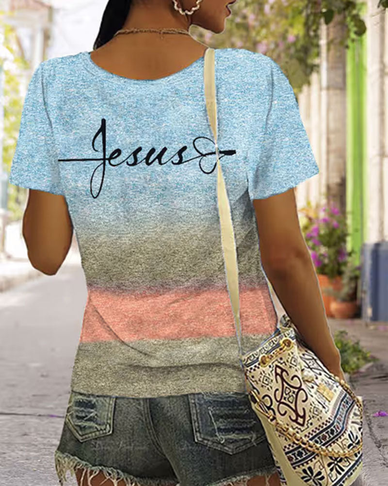 Cross Section Gradient JESUS Handwritten Cross Printed Short Sleeve T-shirt