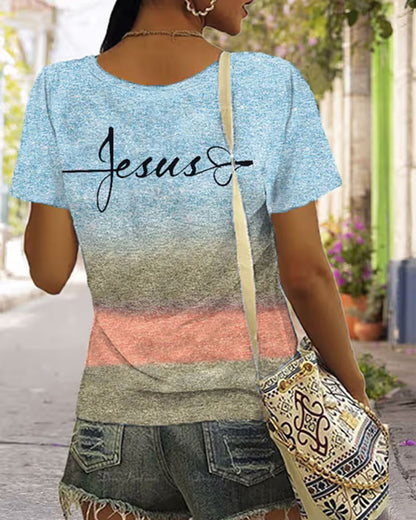 Cross Section Gradient JESUS Handwritten Cross Printed Short Sleeve T-shirt