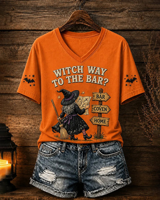 100% Cotton Halloween Witch Way To The Bar V Neck Short Sleeve Tshirt