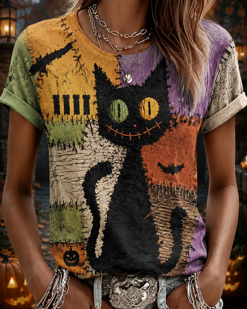 Halloween Patch Cat Crew Neck Short Sleeve Tshirt