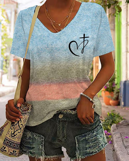 Cross Section Gradient JESUS Handwritten Cross Printed Short Sleeve T-shirt