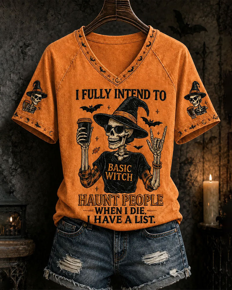 Women's Funny Halloween Skull Witch PrintT-Shirt