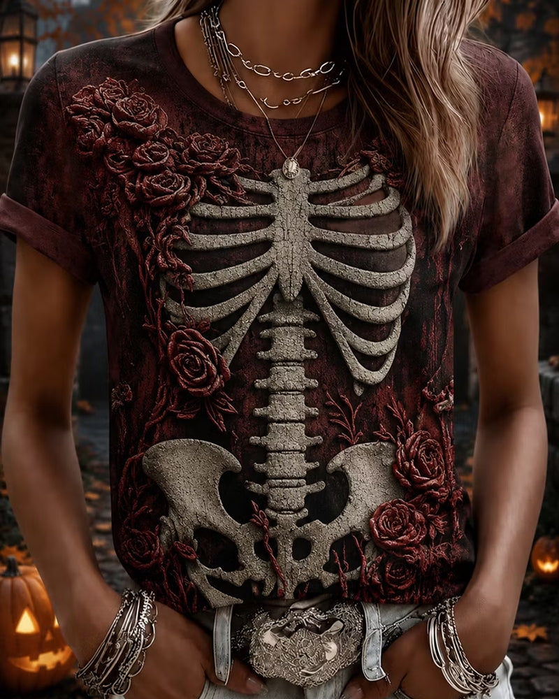 Halloween Rose Skull Crew Neck Short Sleeve Tshirt