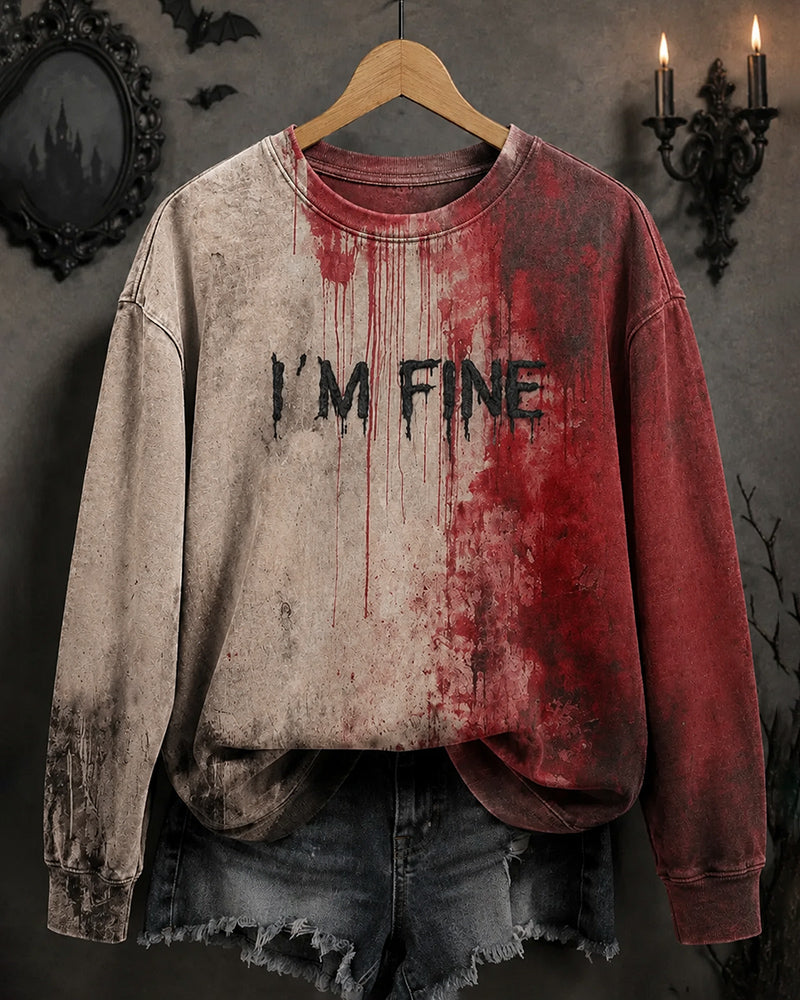 Women's Blood I'm Fine Halloween Printed  Round Neck Sweatshirt