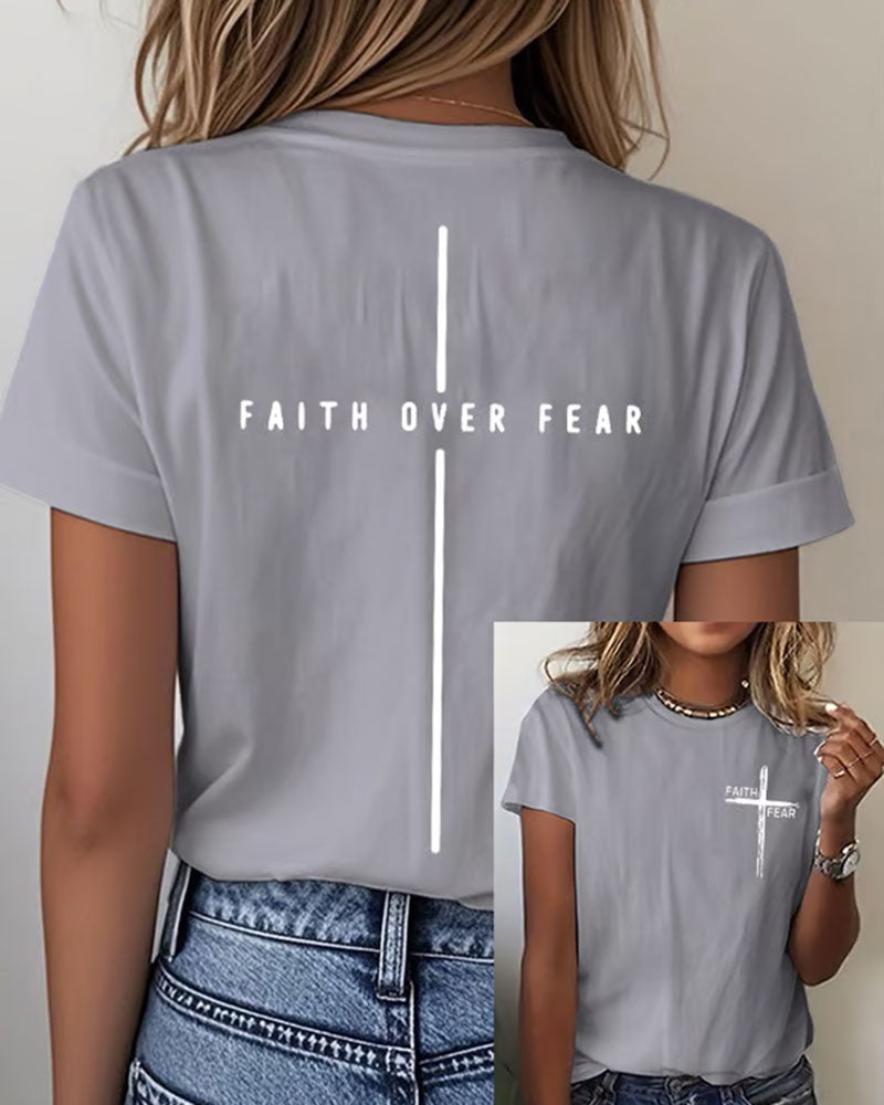 FAITH OVER FEAR Vertical Cross Printed Short Sleeve Tee