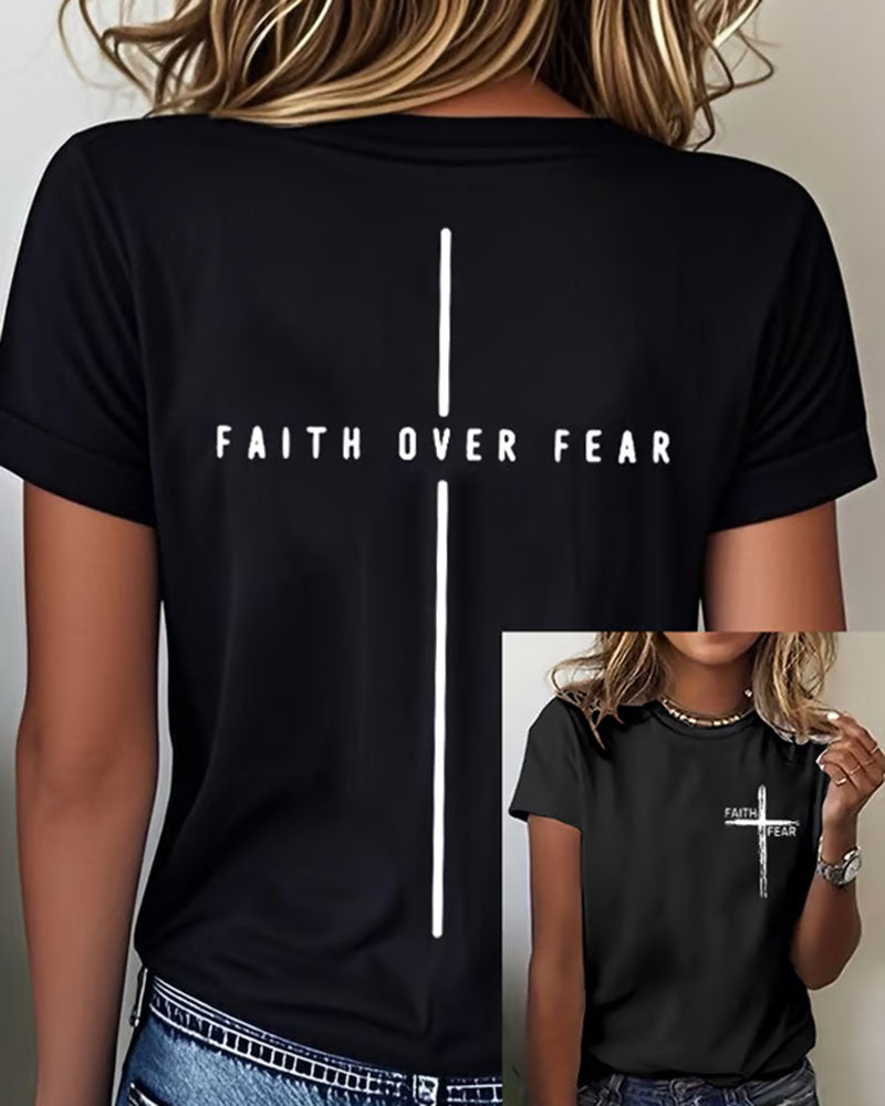FAITH OVER FEAR Vertical Cross Printed Short Sleeve Tee